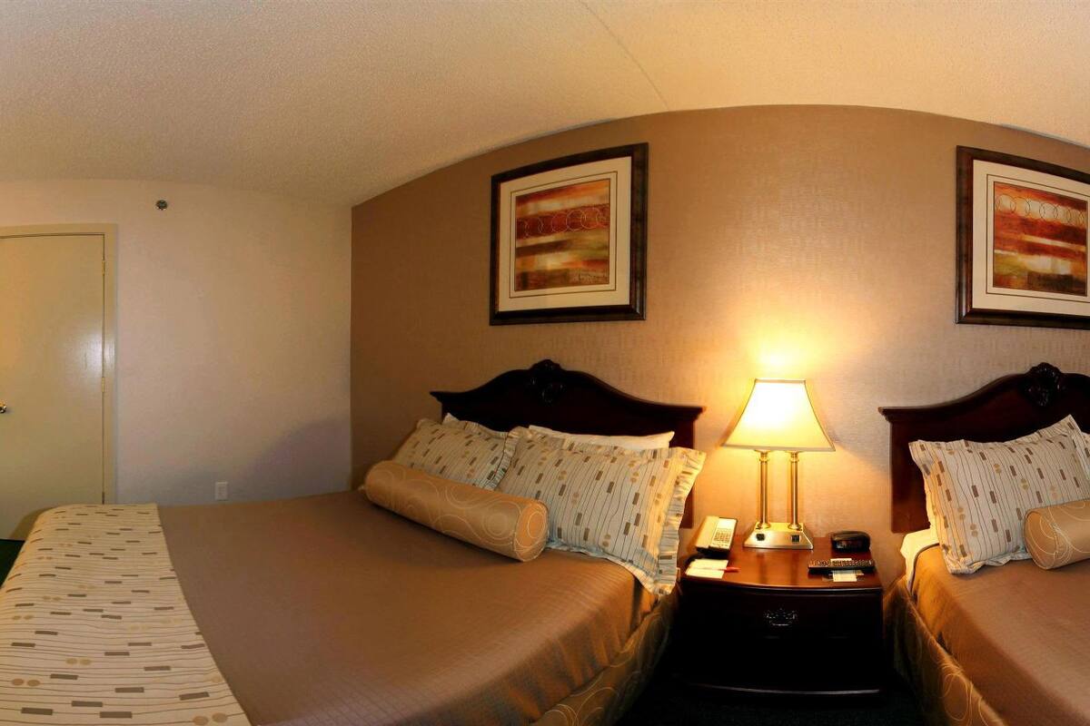 Une chambre d’hôtel avec deux lits, une table de chevet avec une lampe et deux tableaux encadrés au mur.