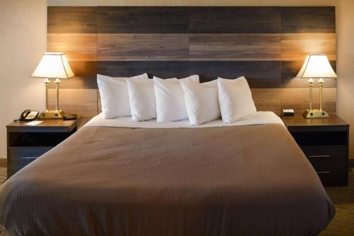 Une chambre d’hôtel avec un grand lit, deux tables de chevet avec des lampes et une tête de lit en bois.