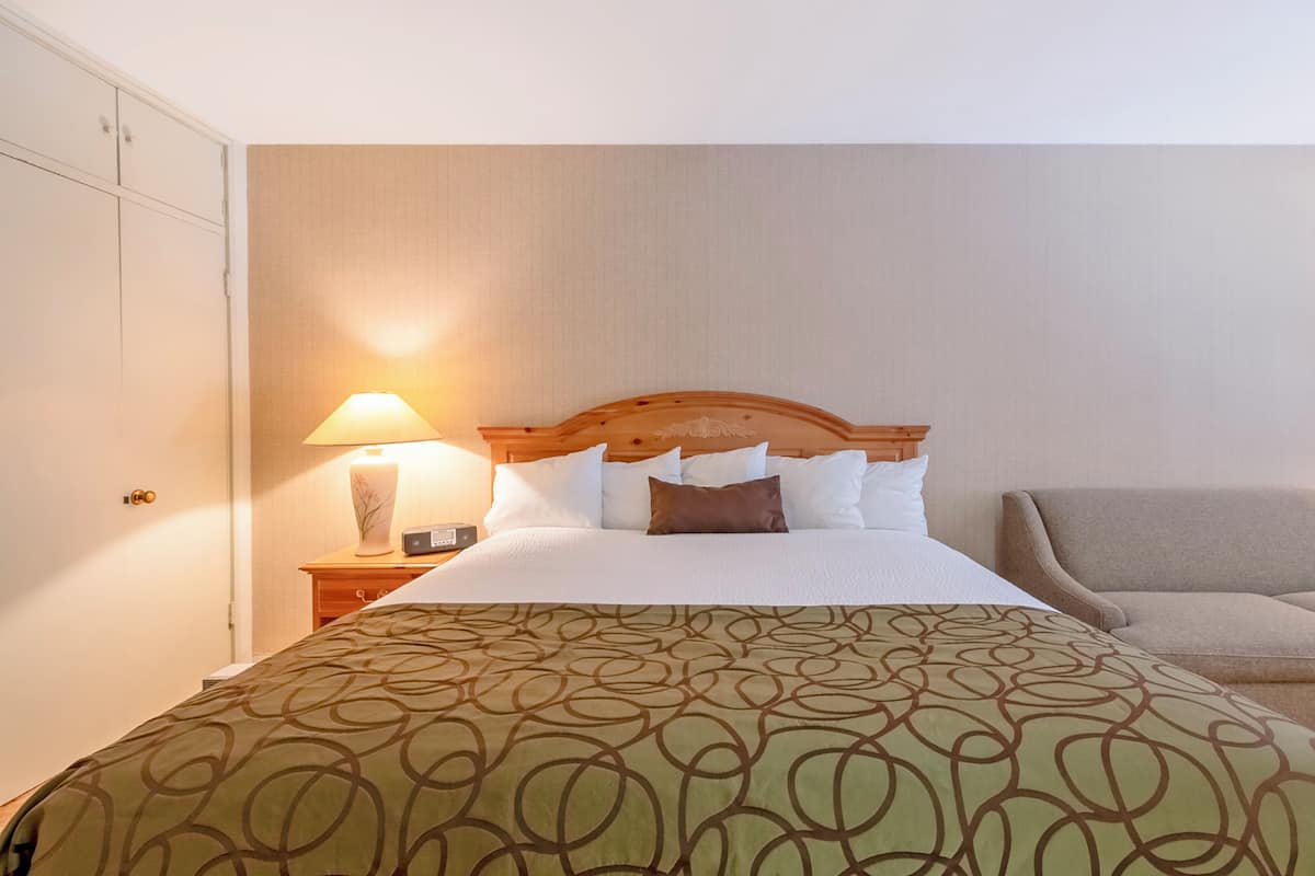 Una cama bien hecha con una colcha estampada, un cabecero de madera y una lámpara de noche.