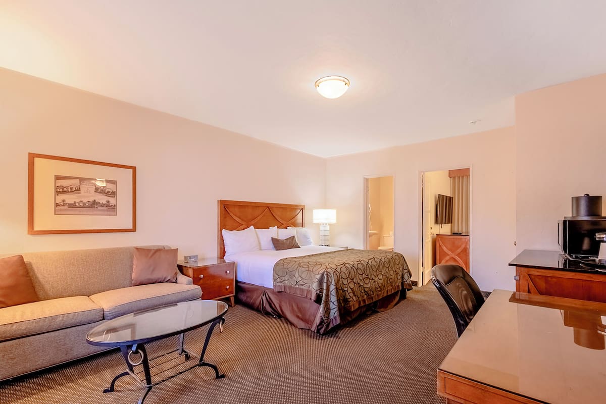 Una habitación de hotel con cama, sofá, escritorio y televisor.