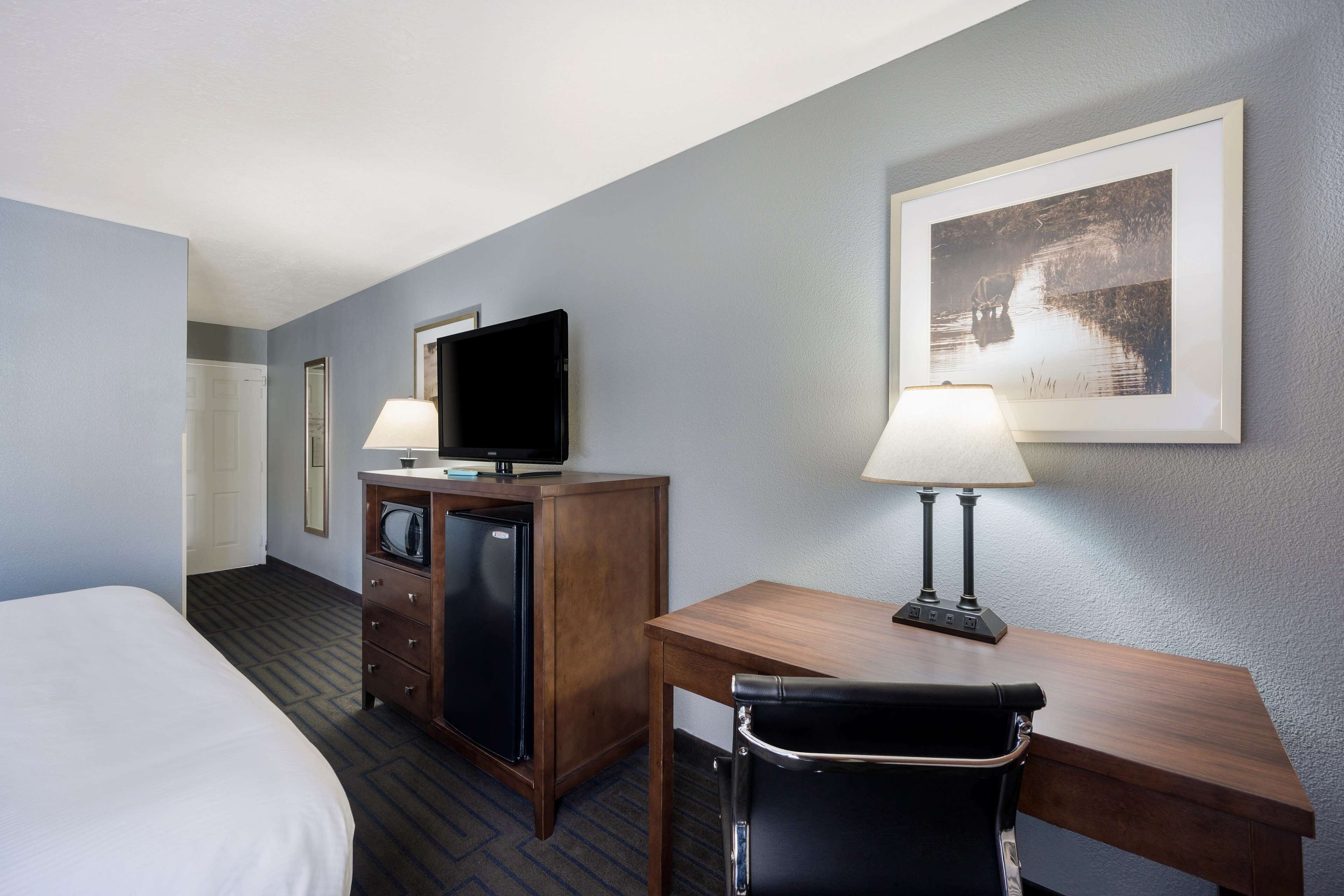 A hotel room with a bed, a desk with a chair, a television, a desk lamp, and a framed picture on the wall.