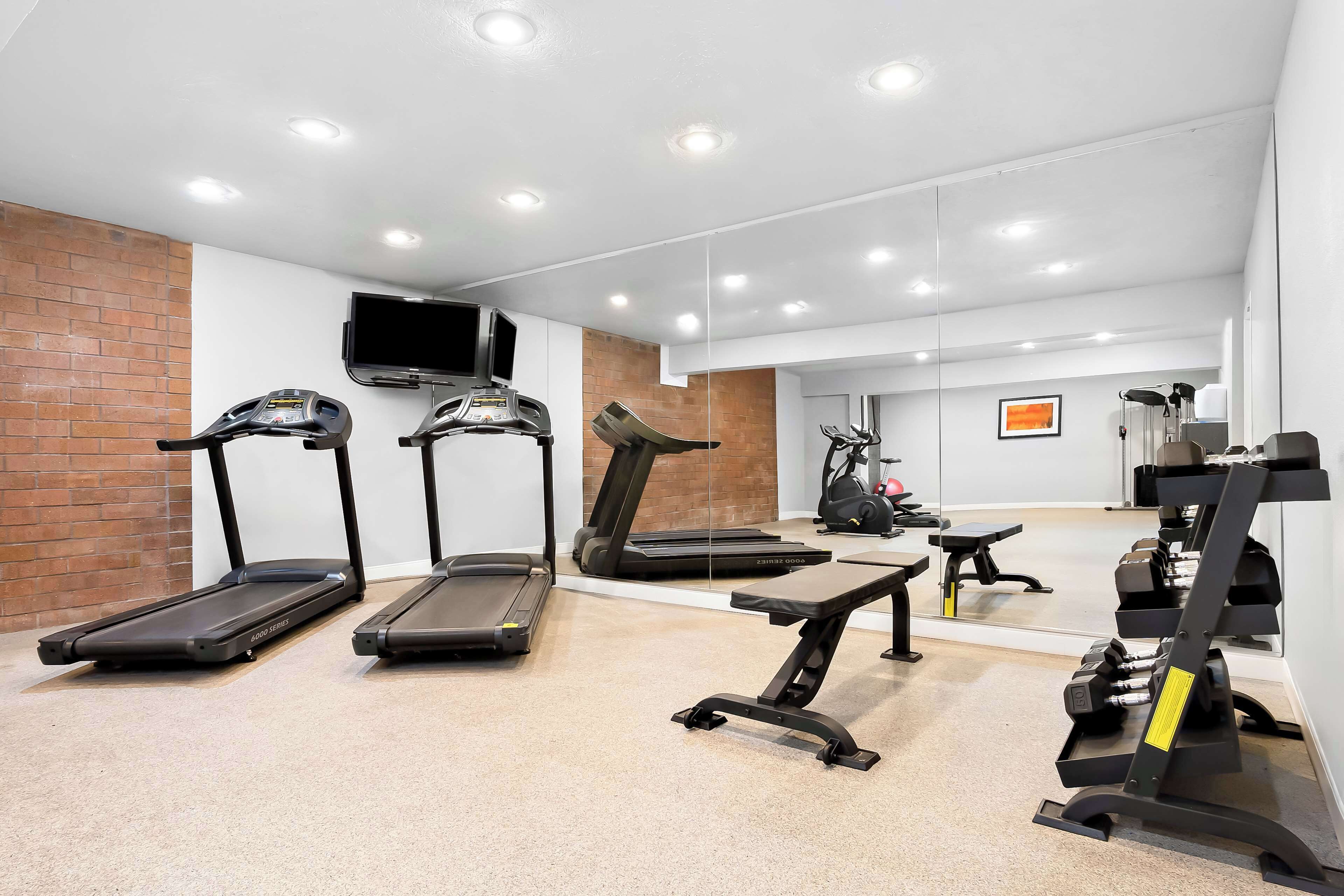 Una palestra moderna con tapis roulant, cyclette e attrezzature per l'allenamento con i pesi.