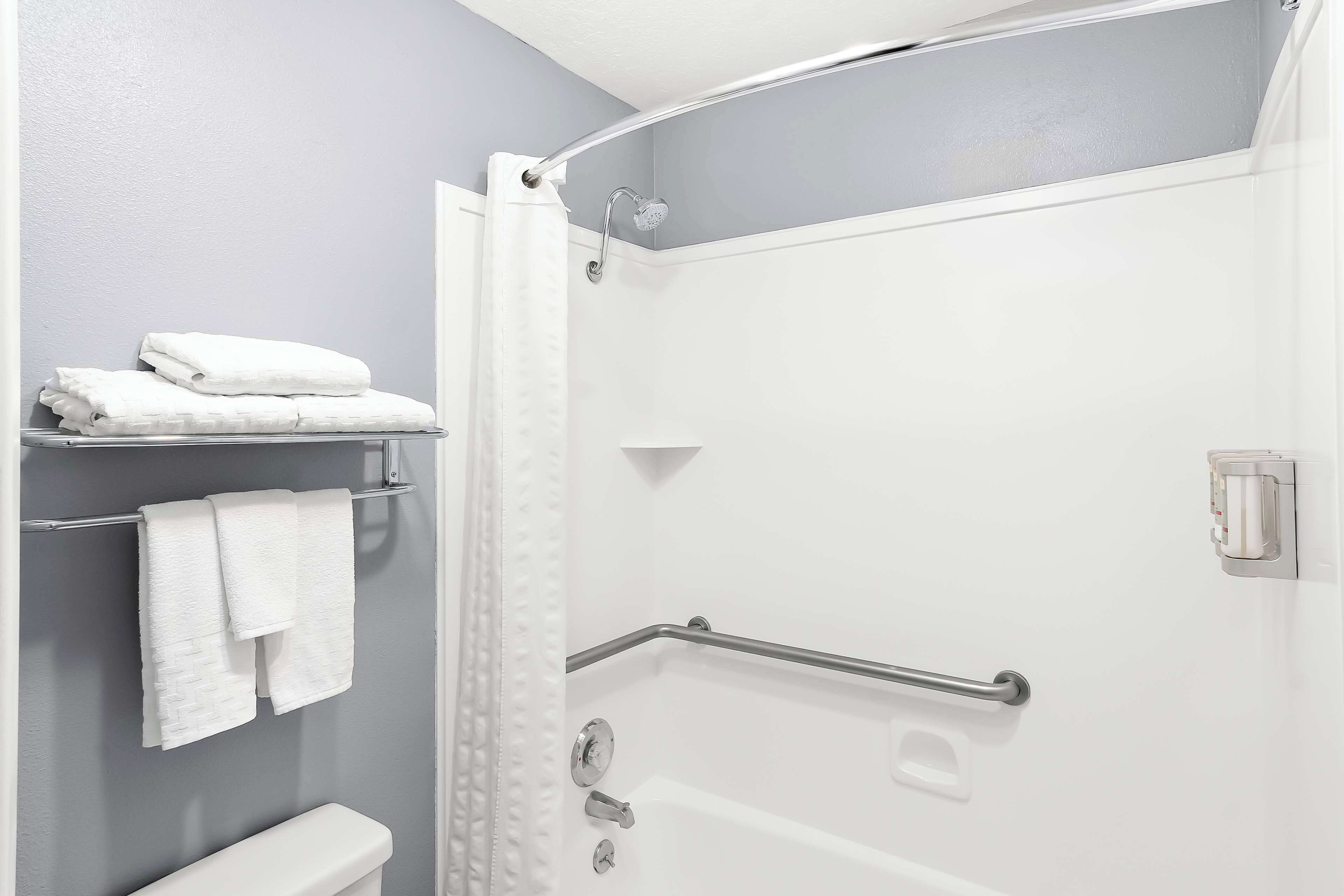 A bathroom with a shower, a toilet, and a towel rack.