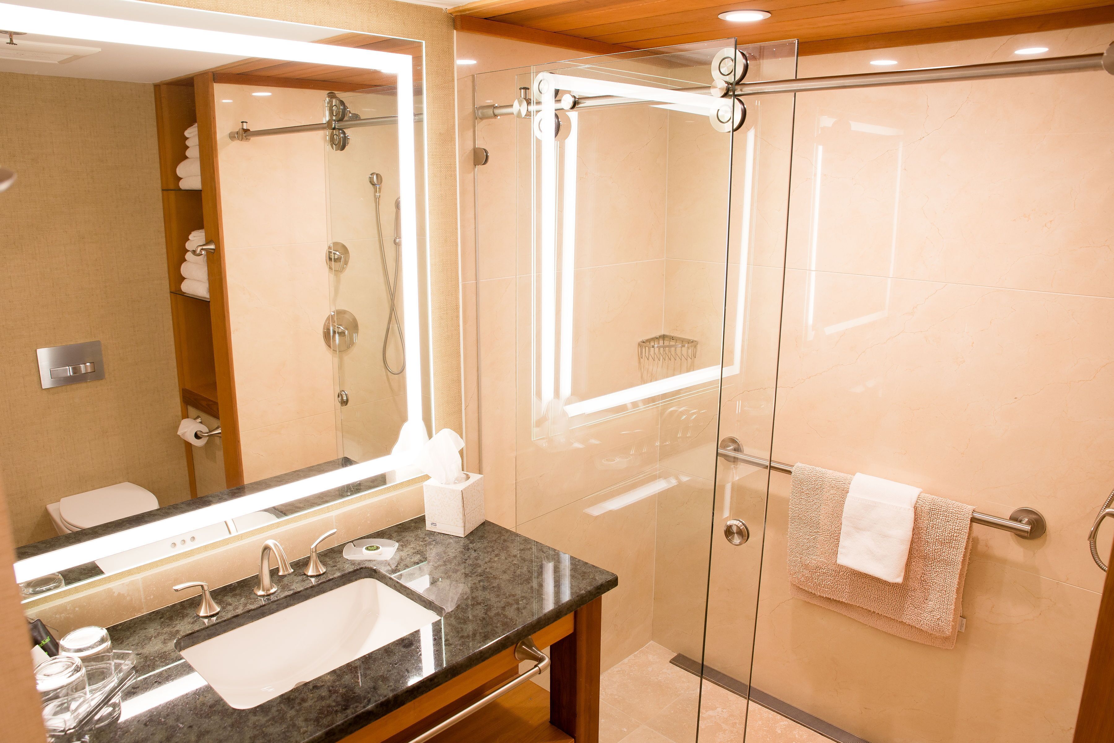 A modern bathroom with a glass-enclosed shower, a large mirror, and a granite countertop with a sink.