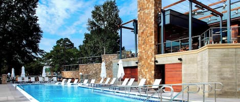 Utendørsbasseng, bassengparasoller og solsenger