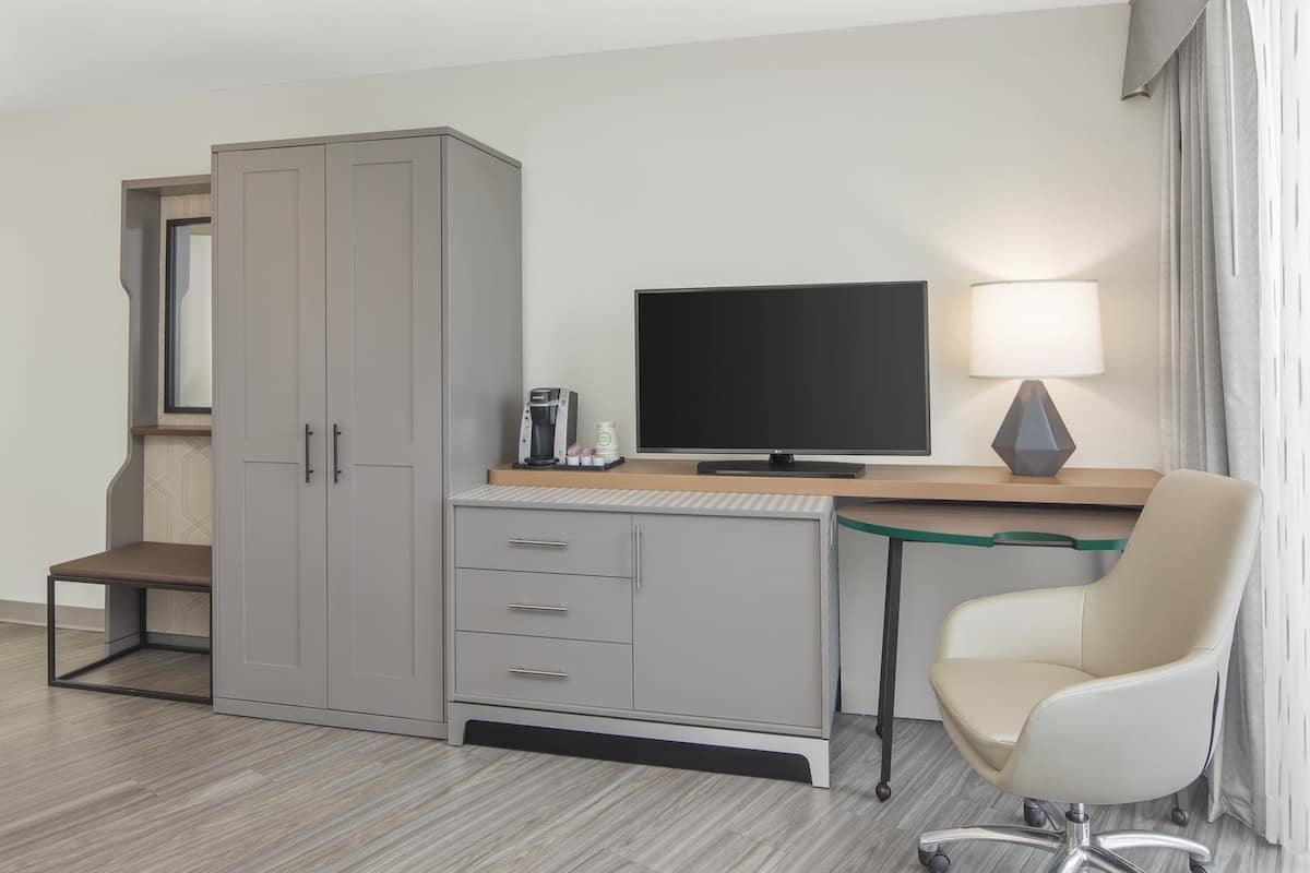 A hotel room with a desk, a chair, a wardrobe, a television, and a lamp.