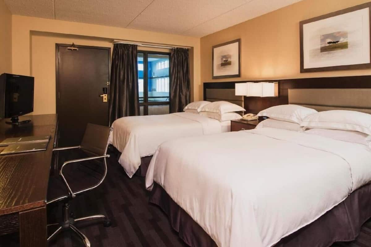 Down comforters, pillowtop beds, in-room safe, desk