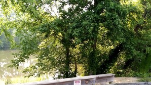 A wooden bench with a 'POSTED' sign, surrounded by gravel and grass, near a lake with trees in the background. - Nation's Inn Kinston (Kinston)