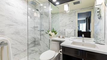 A modern bathroom with a glass-enclosed shower, a white toilet, a vanity with a mirror, and a small plant on the counter.