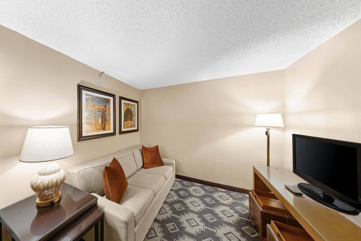 A hotel room with a sofa, a TV, a lamp, and framed artwork on the wall.