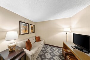 Una habitación de hotel con sofá, televisión, lámpara y cuadros en la pared.