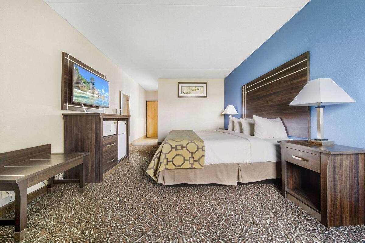 Habitación de hotel con cama, mesitas de noche, escritorio, televisión y alfombra estampada.