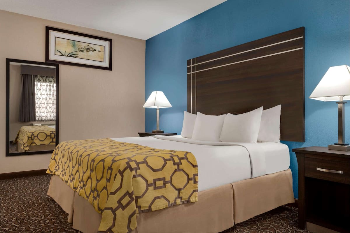 Habitación de hotel con una cama grande, dos lámparas de noche, una mesita de noche, un espejo y una obra de arte enmarcada en la pared.