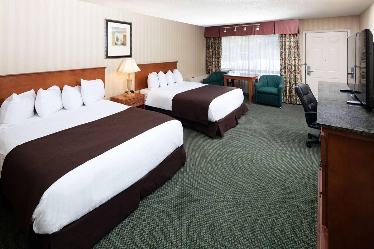 A hotel room with two beds, a desk, a chair, a television, and a framed picture on the wall.