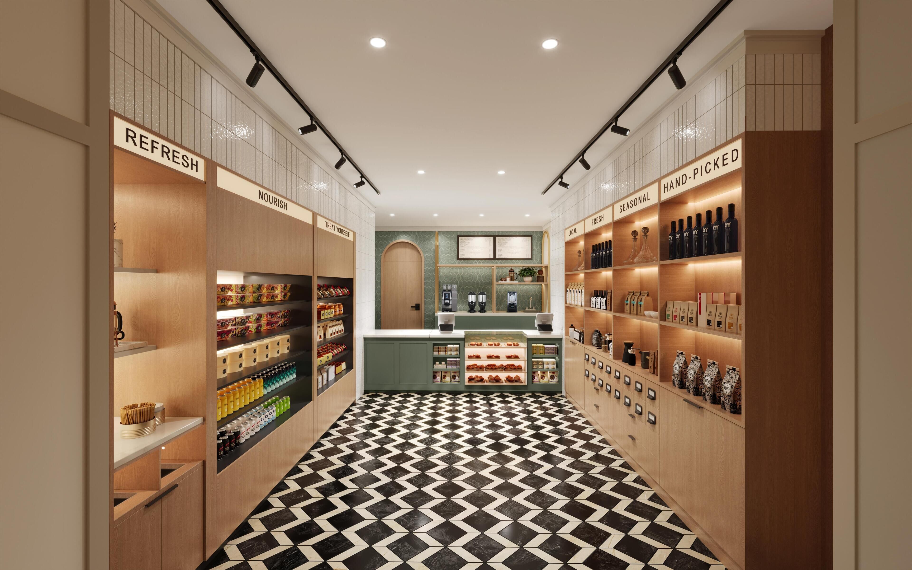 A corridor with shelves on either side displaying various products.