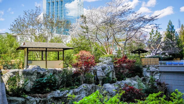 A traditional Japanese-style garden with a rock garden, a small pavilion, and a modern glass building in the background.