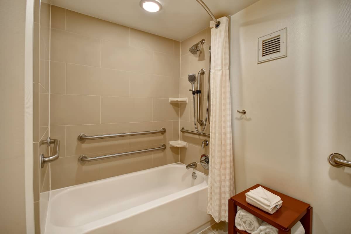 combined shower/bathtub, designer toiletries, hair dryer, towels