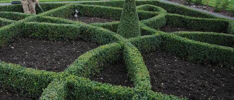 A meticulously maintained garden with geometric hedge patterns, a person tending to the plants, and a historic building in the background.