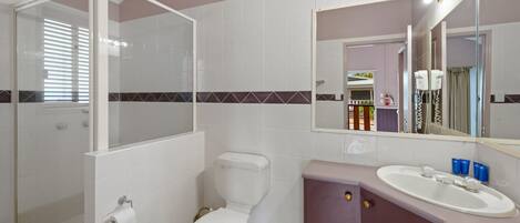 A bathroom with a glass-enclosed shower, a toilet, and a sink with a mirror above it.
