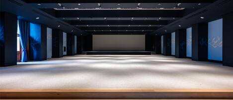 A spacious, modern auditorium with a large screen at the front, wooden steps leading up to the seating area, and a ceiling with patterned lighting.