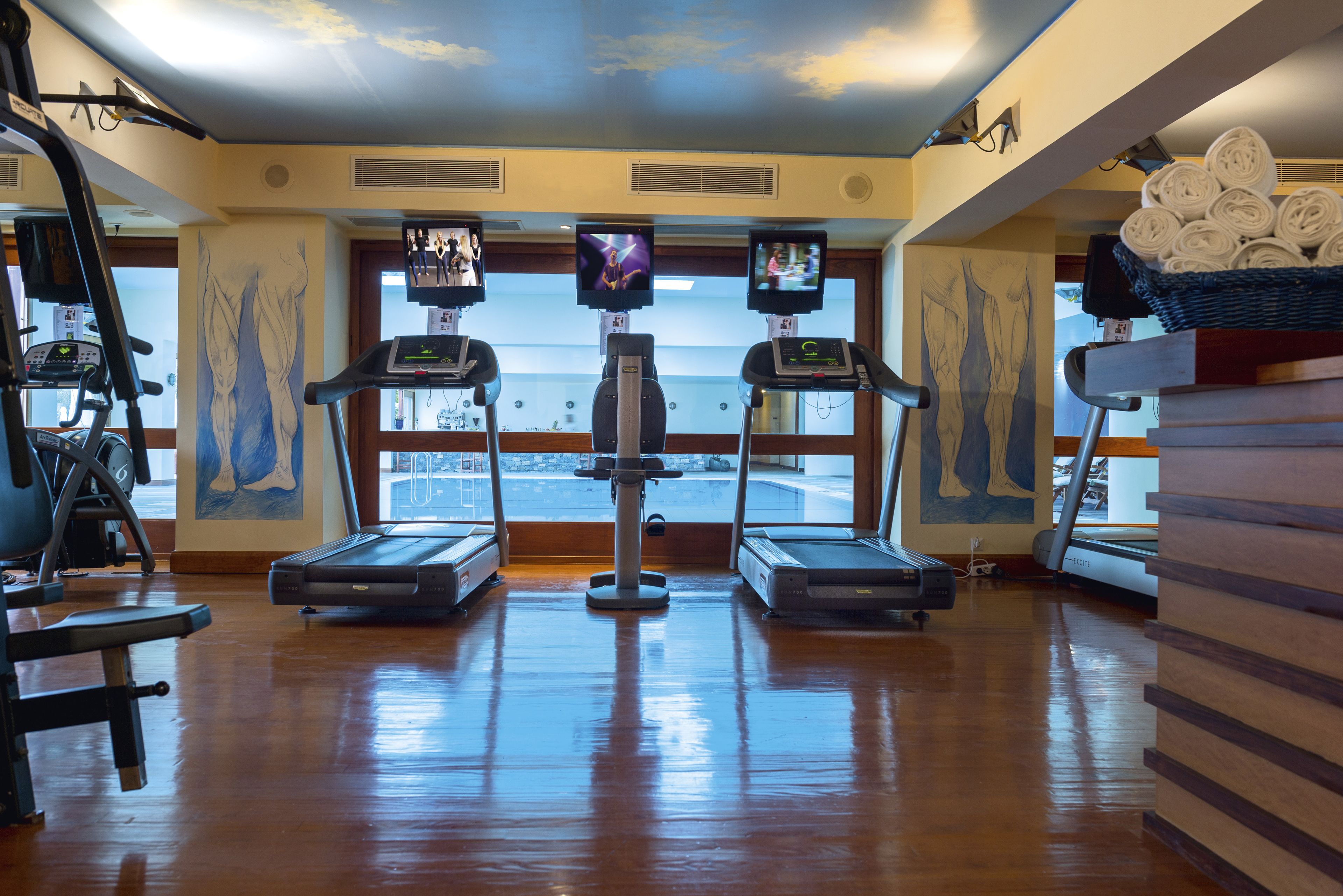 Un gimnasio con cintas de correr, bicicletas estáticas y una máquina de remo.
