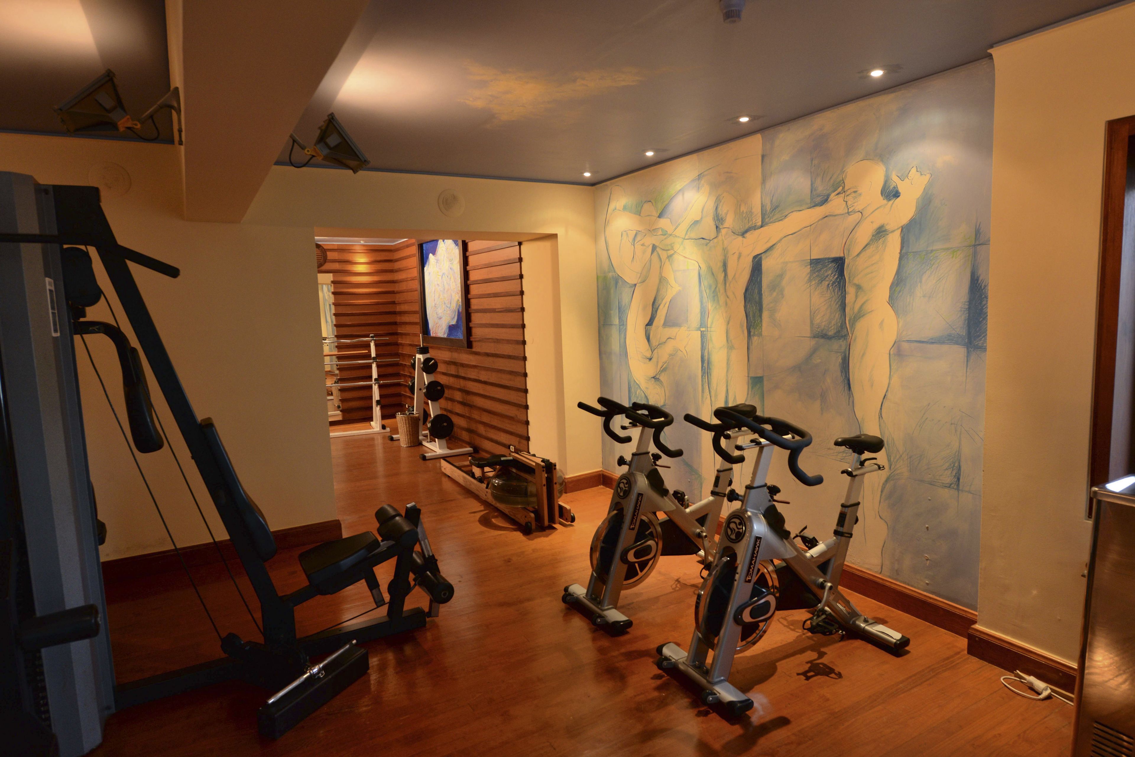 Un gimnasio con bicicletas estáticas, una máquina de remo y una pared decorada con un cuadro abstracto de gran tamaño.