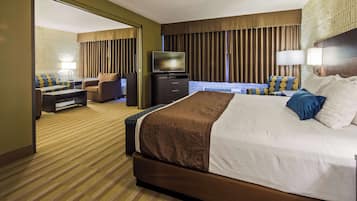 Habitación de hotel con una cama grande, un sofá, un escritorio, un televisor y un armario.