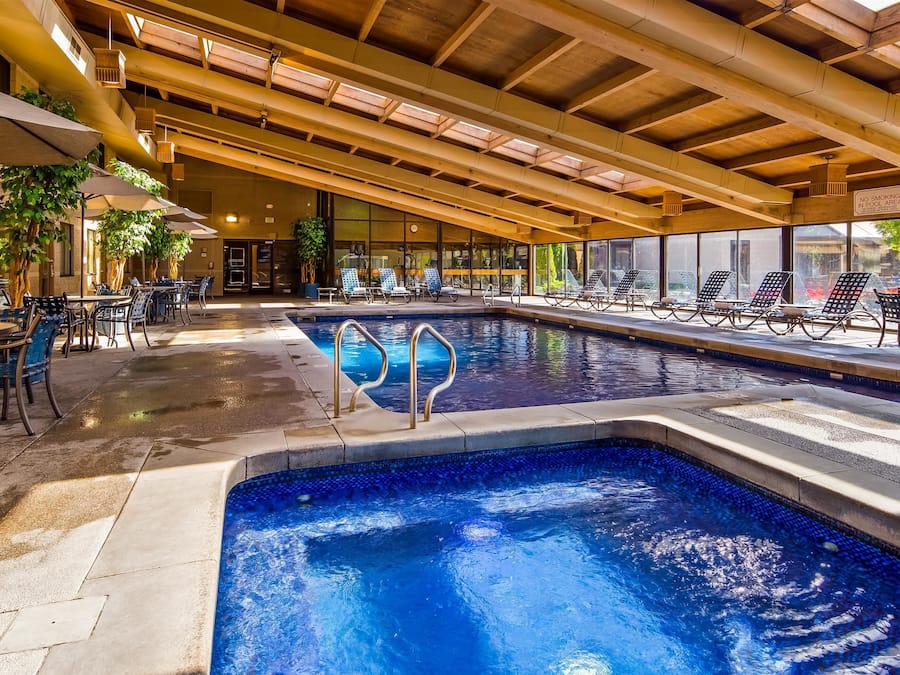 Indoor pool, open 8:00 AM to 10:00 PM, sun loungers