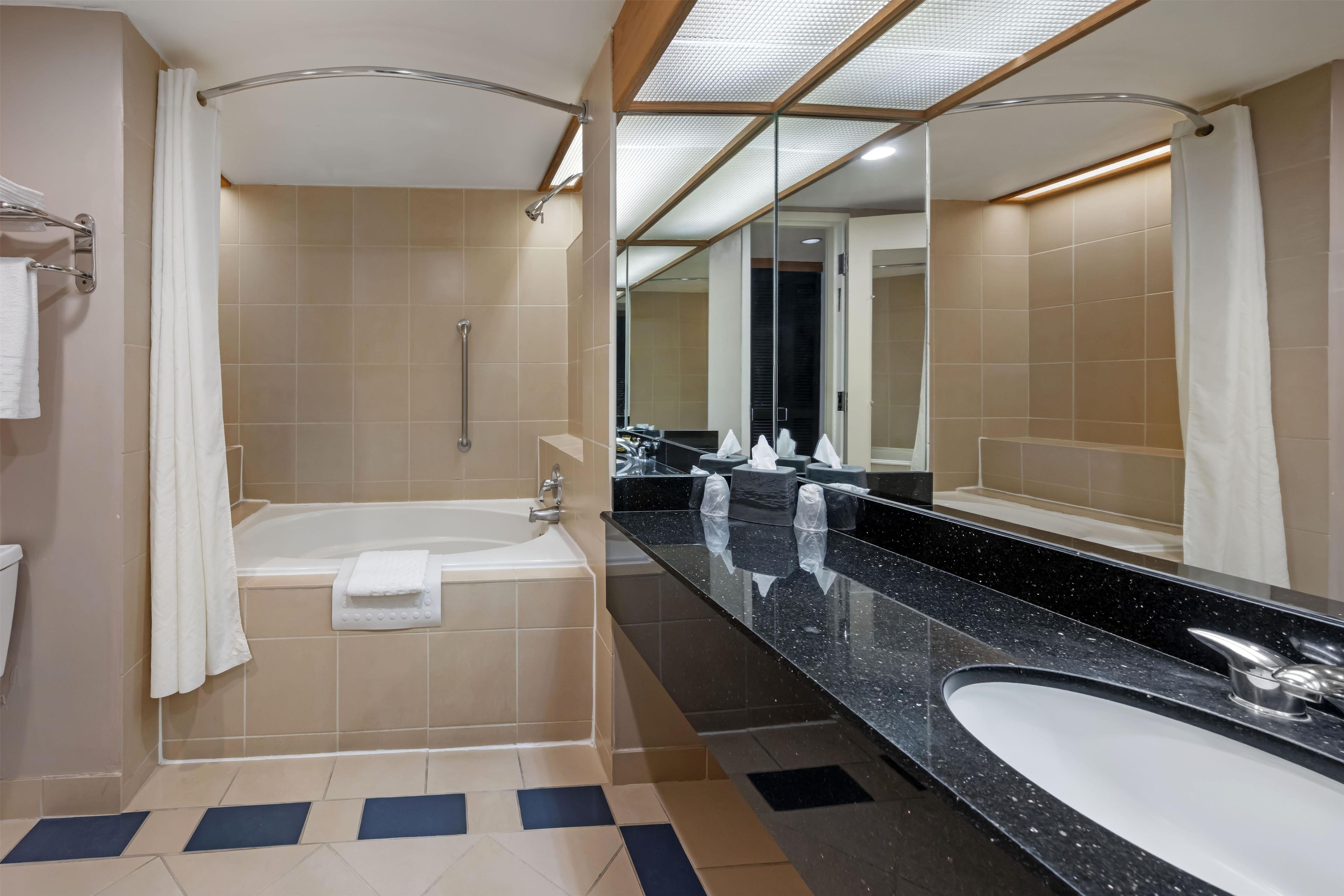 A modern bathroom with a bathtub, a large mirror, and a black granite countertop.