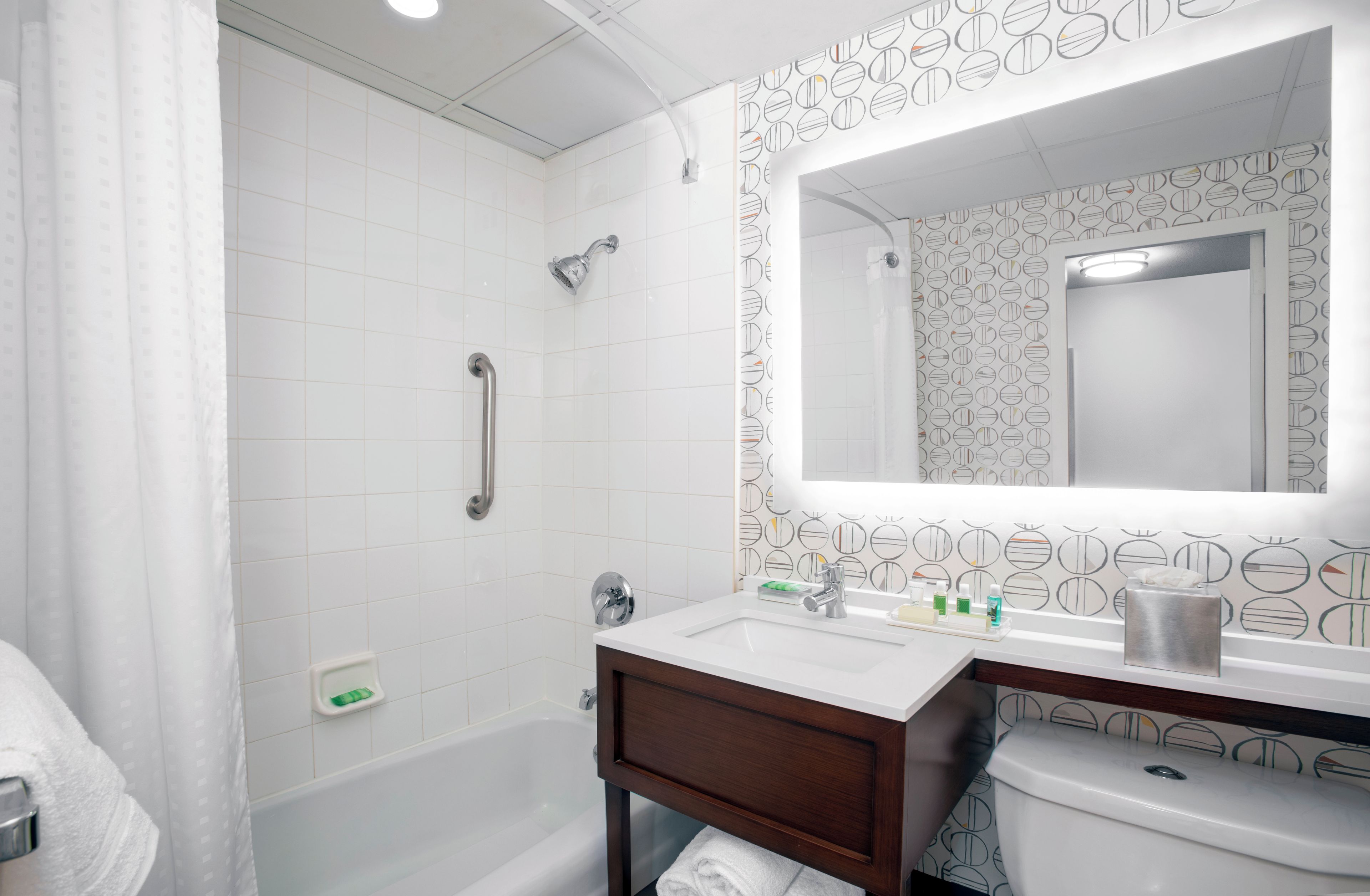 A modern bathroom with a shower, a vanity with a mirror, and a toilet.