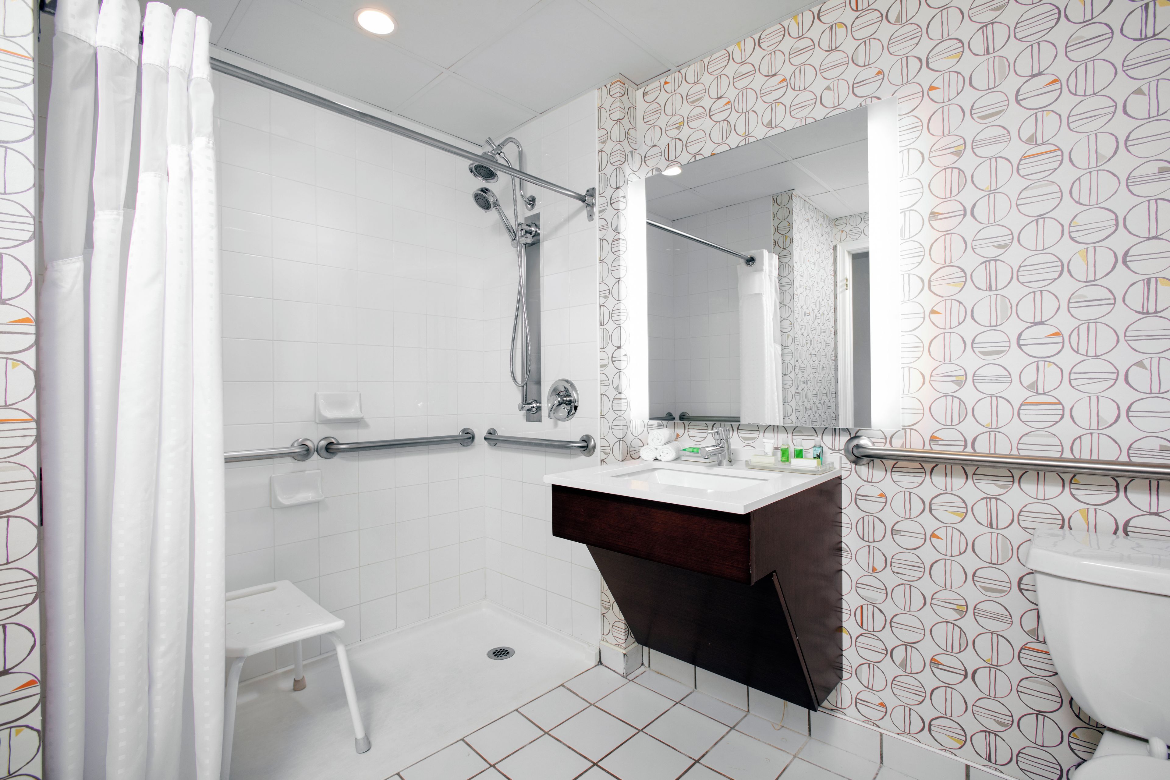 A modern bathroom with a shower, a toilet, a sink, and a mirror.