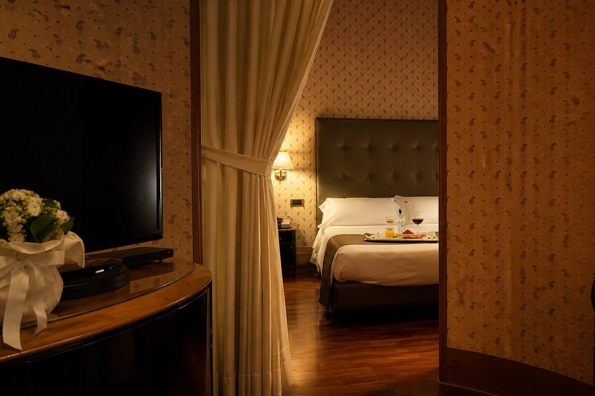 A hotel room with a television, a bed with a headboard, a bedside table, and a chair.