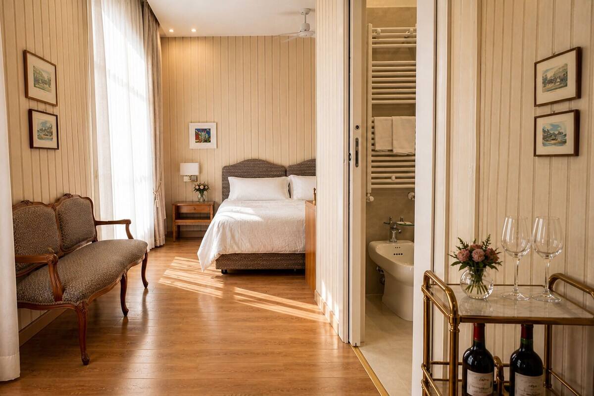 A hotel room with a bed, a chair, a bedside table with a lamp, a bathroom with a sink and a mirror, and a small table with wine glasses and bottles.