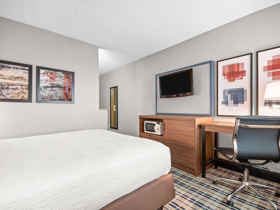 Habitación de hotel con cama, escritorio, silla, televisor y obras de arte en las paredes.