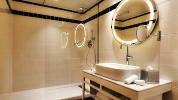 Eco-friendly toiletries, hair dryer, bathrobes, towels