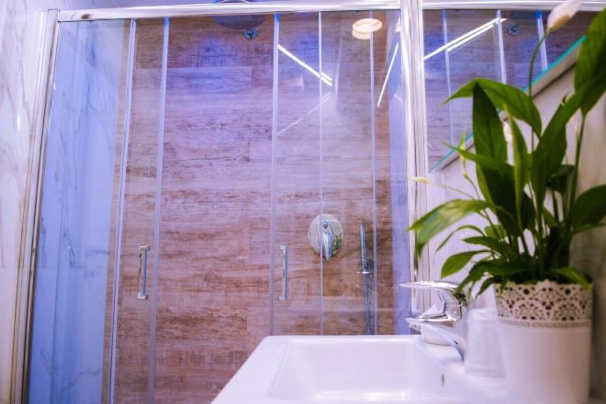 Un baño con ducha envuelta en vidrio, un lavamanos blanco y una planta en maceta.