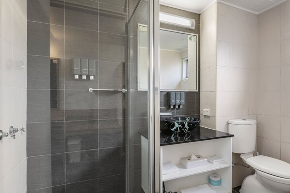 Un baño moderno con ducha de vidrio, lavabo de mármol negro y retrete blanco.