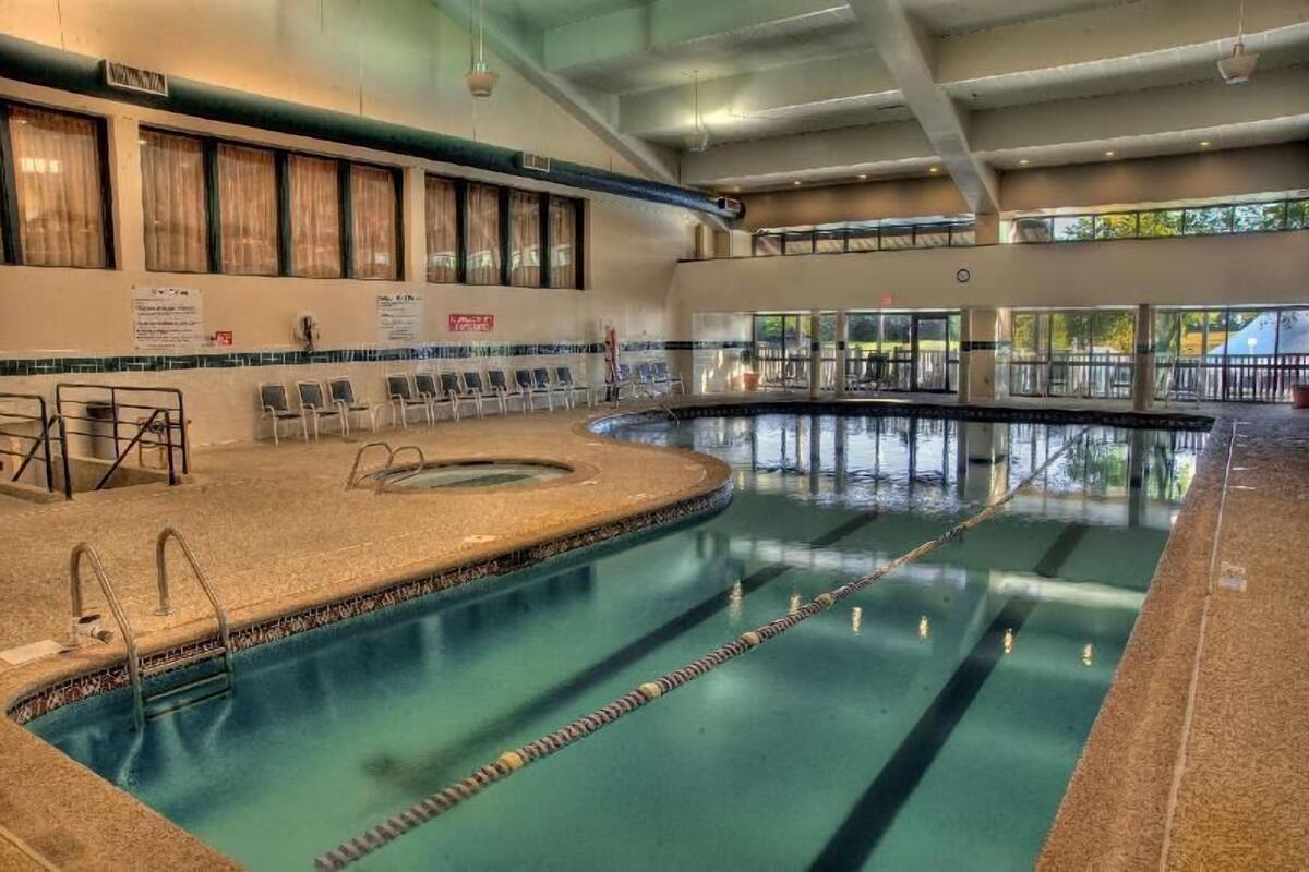 Une piscine intérieure dotée d’un plongeoir, de chaises longues et d’un mur carrelé.