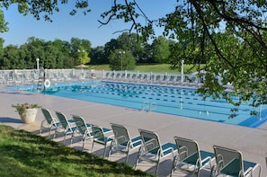 Indoor pool, seasonal outdoor pool, pool umbrellas, pool loungers