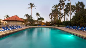 Una piscina con sillas de descanso azules y vistas a una palmera.