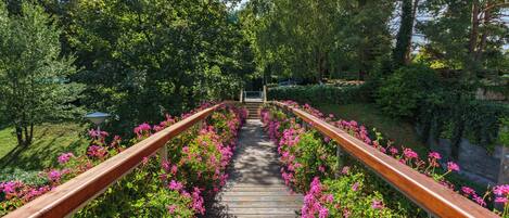 A wooden bridge with a metal railing, surrounded by lush greenery and pink flowers.