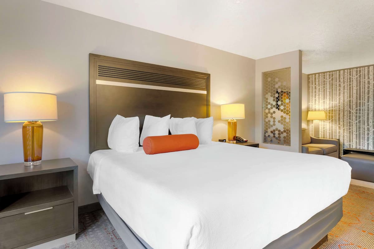 Una habitación de hotel con una cama grande, dos mesitas de noche con lámparas, un aparador con cajón y una silla cerca de una ventana con cortinas estampadas.