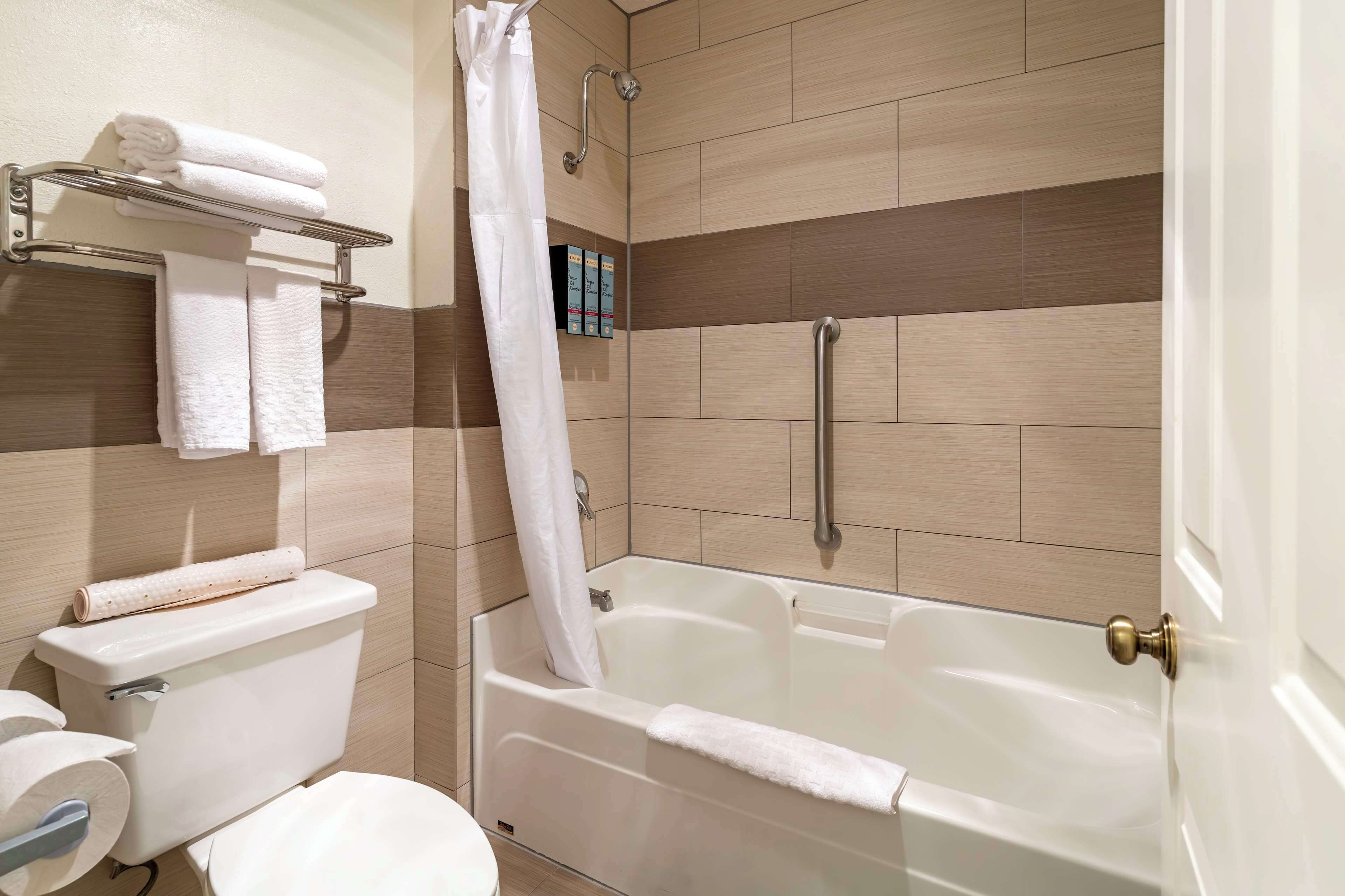 combined shower/bathtub, free toiletries, hair dryer, towels