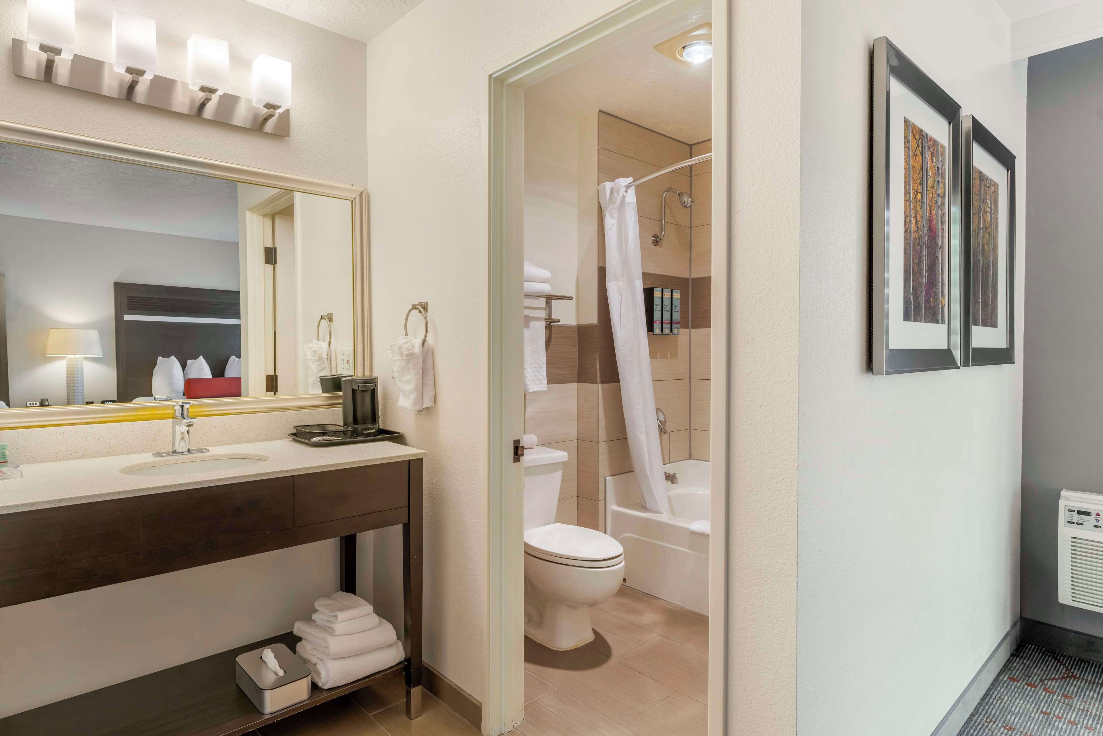 combined shower/bathtub, free toiletries, hair dryer, towels