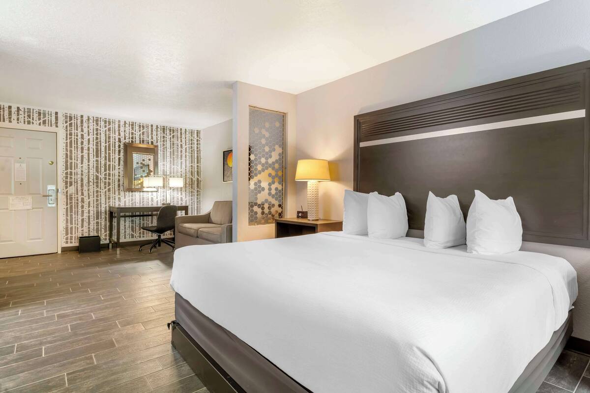 Una habitación de hotel con una cama grande, un escritorio, una silla, una lámpara y un panel decorativo en la pared.