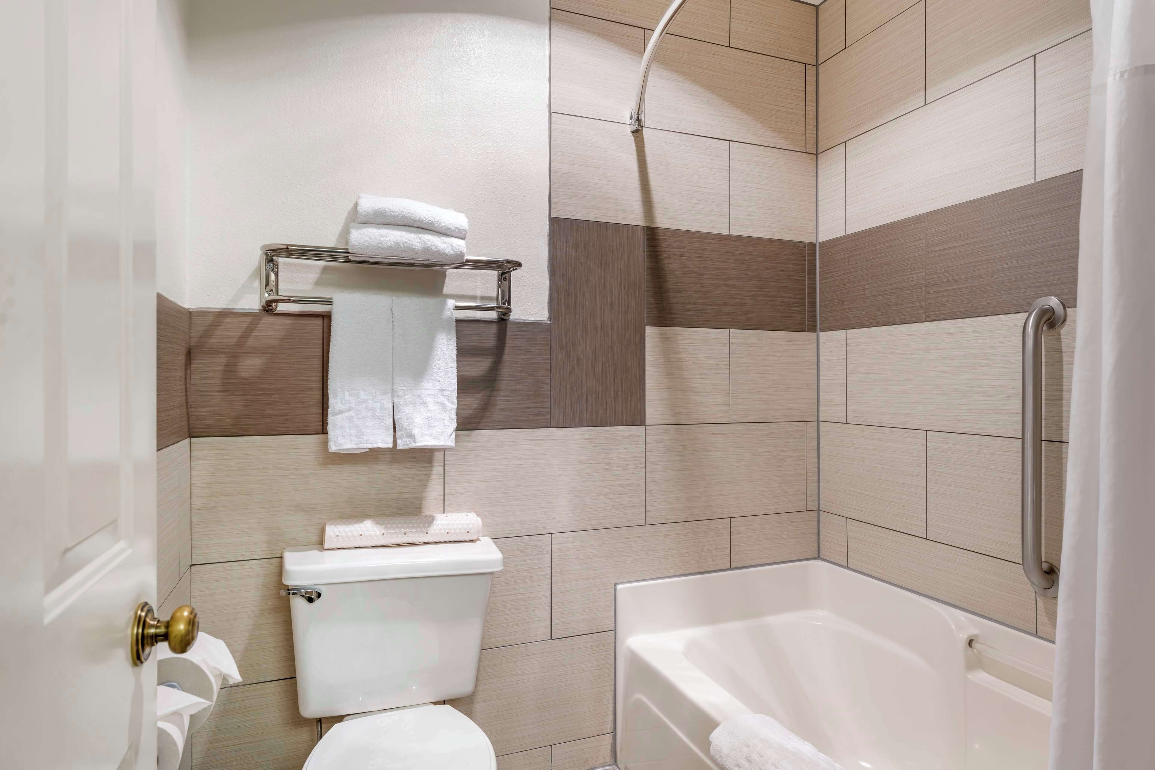 combined shower/bathtub, free toiletries, hair dryer, towels