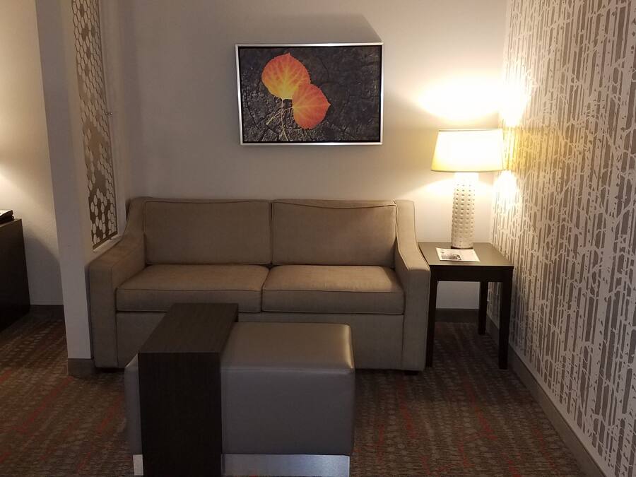 Een hotelkamer met een beige bank, een klein tafeltje met een lamp, een nachtkastje met een lamp, een decoratief wandobject en een kamerbreed tapijt met dessin.