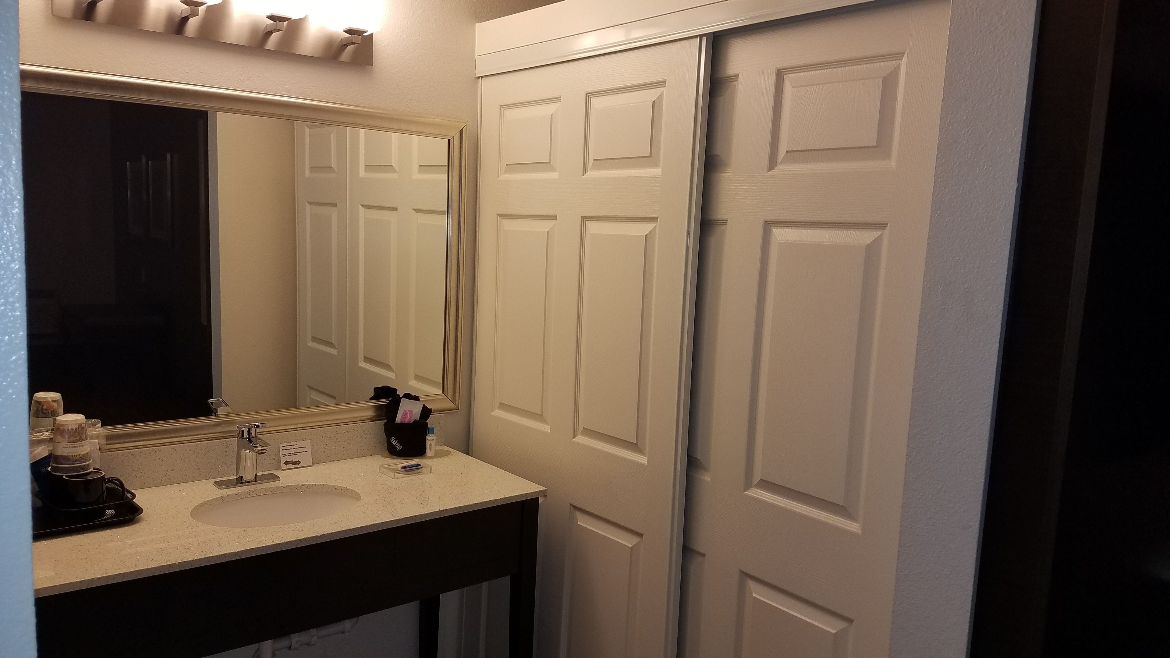A bathroom with a sink, mirror, and white door.
