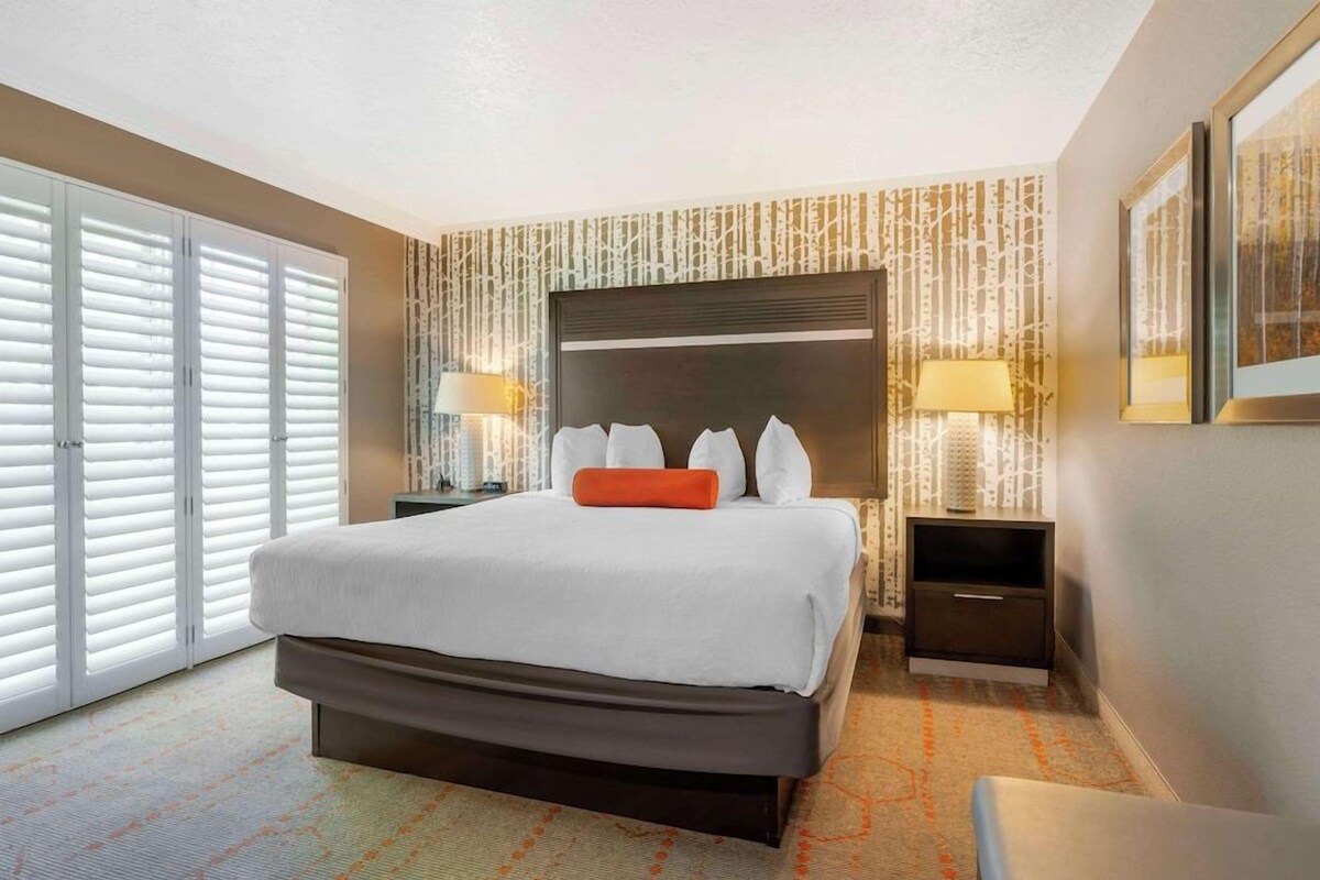 A hotel room with a large bed, a nightstand, a lamp, a chair, and a window with blinds.