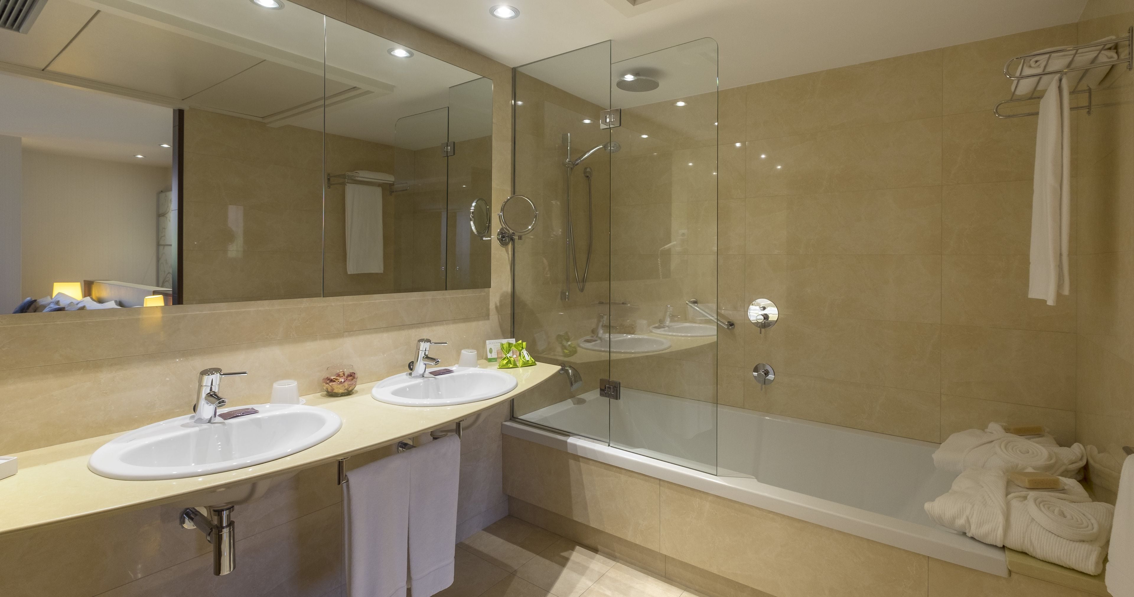 shower, rainfall showerhead, designer toiletries, hair dryer